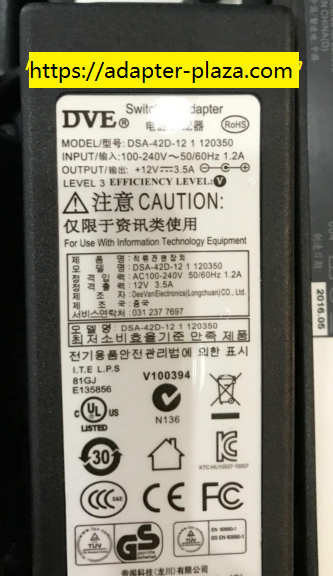 New DVE DSA-42D-121 120350 42W 12V 3.5A AC Switching Power Adapter
